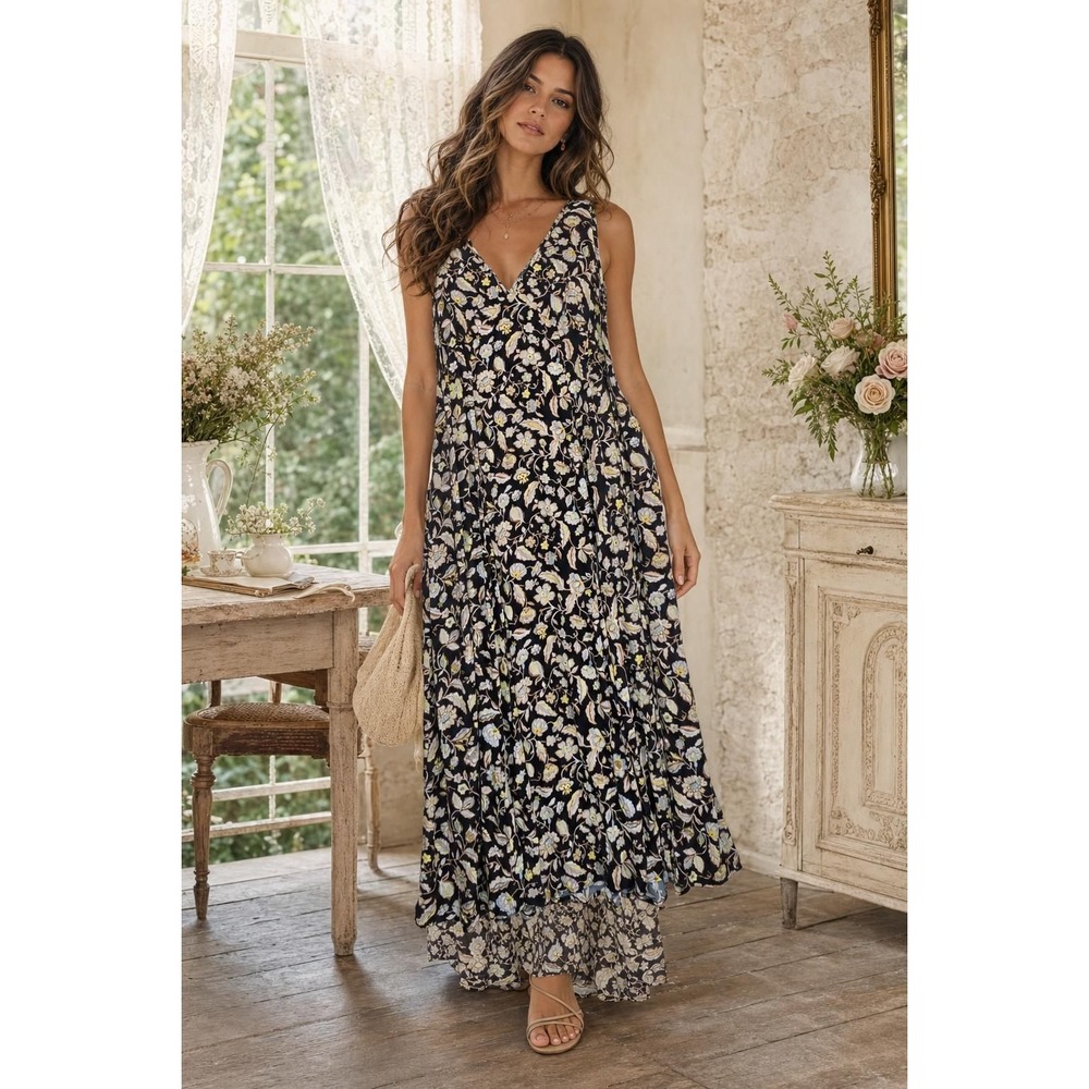 Maxi Babydoll Dress Women's L Floral Empire Waist Boho Cottagecore Sleeveless